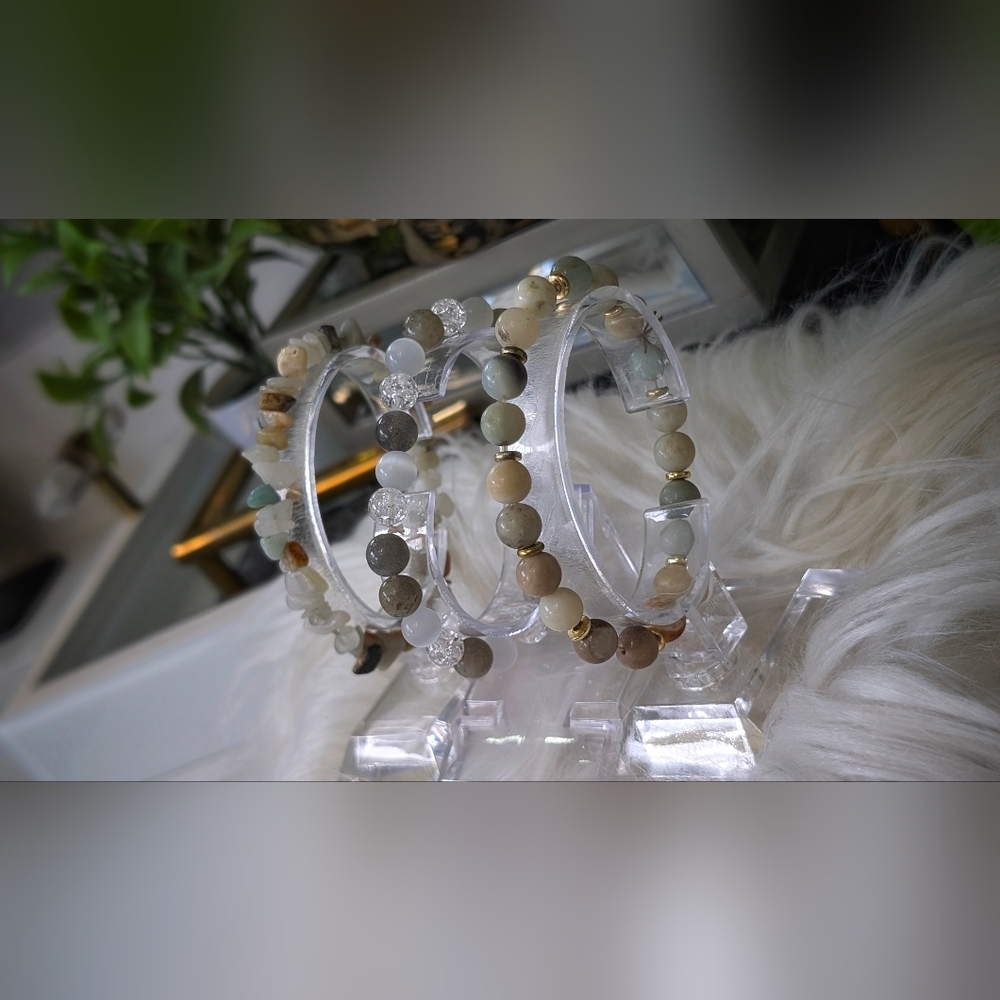 Amazonite & Quartz Crystal Beaded Bracelets (stands not included)